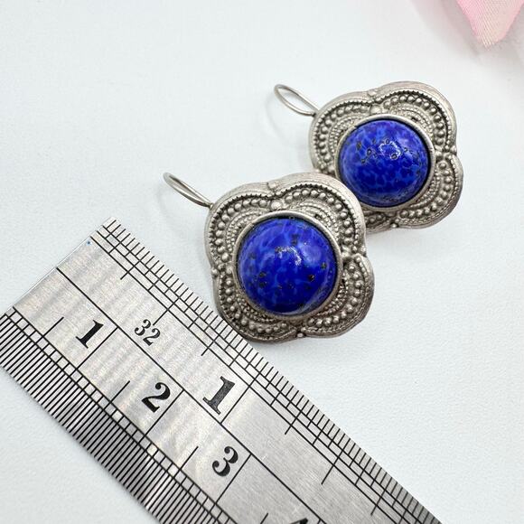 Vintage Blue Speckled Peking Glass Cabochon Earrings Etruscan Revival Bohemian - Picture 11 of 13